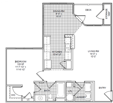 Floor plan for 1 bed, 1 bath, 801 sqft